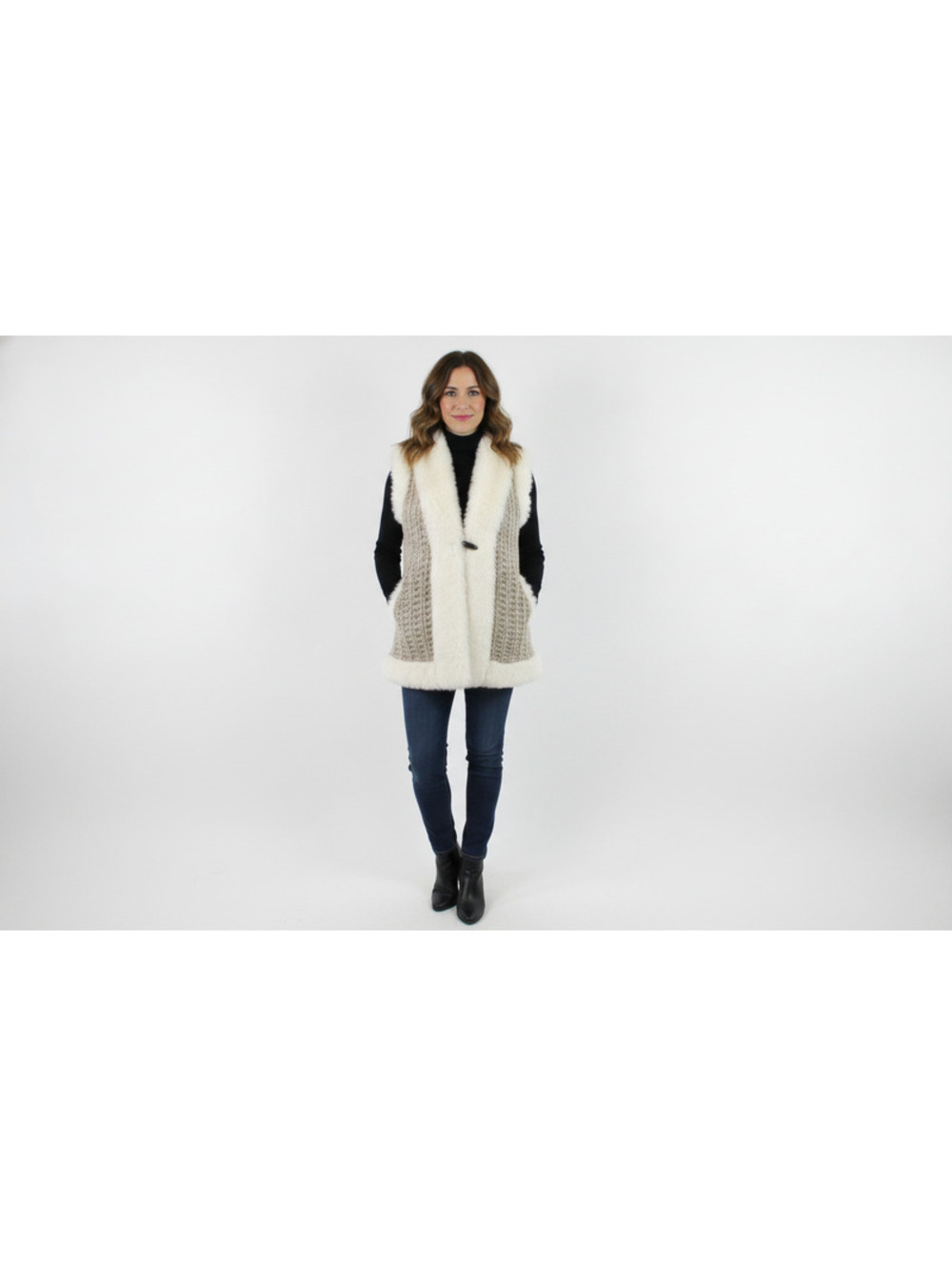 Marisa Christina Beige Knit Vest Faux Fur Trim Hooded Toggle Closure Women's PM